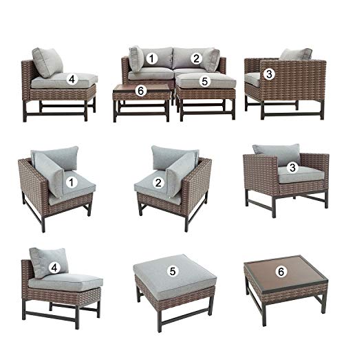 Festival Depot 6pc Patio Conversation Set Combination Sectional Corner Sofa Set Outdoor All-Weather Wicker Metal Chairs with Seating Back Cushions Side Coffee Table Ottoman Garden Poolside,Gray 