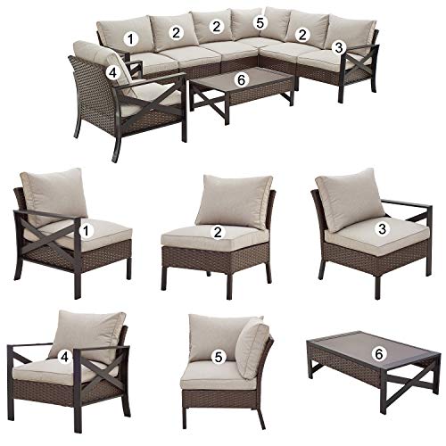 Festival Depot 8 Pcs Patio Outdoor Furniture Conversation Set Sectional Sofa with All-Weather Brown PE Rattan Wicker Back Chair, Coffee Table and Soft Thick Removable Couch Cushions 