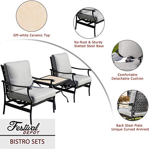 3-Piece Patio Bistro Set Metal Dining Chairs with Thick Cushions and Ceramic Top Side Table (Grey)