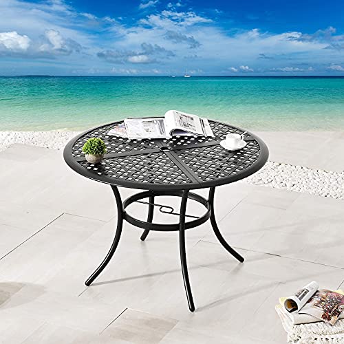 Festival Depot Patio Outdoor Dinning Table with 2.04" Umbrella Hole Metal Table with Collapsible Tabletop for Garden Poolside Deck (Round)