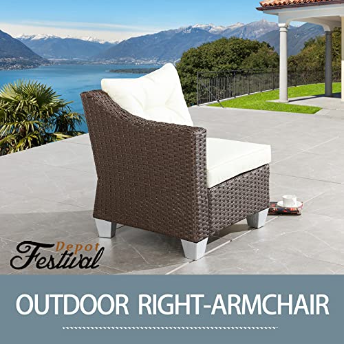 Elegant Beige Rattan Wicker Single Sofa Chair with Metal Frame and Removable Cushion for Outdoor Comfort