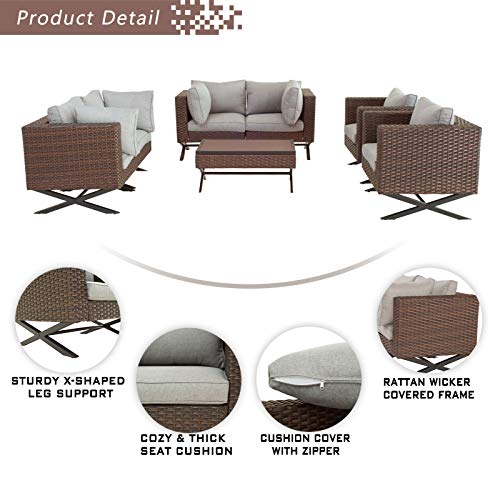 Festival Depot 7pcs Outdoor Furniture Patio Conversation Set Sectional Sofa Chairs with X Shaped Metal Leg All Weather Brown Rattan Wicker Coffee Table with Grey Thick Seat Back Cushions