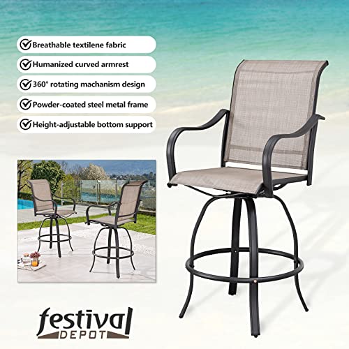 Festival Depot 8 Pcs Patio Dining Set Bar Height Stools Swivel Bistro Chairs with Armrest and Tempered Glass Top Table Metal Outdoor Furniture for Yard (6 Chairs,2 Table) (Taupe)