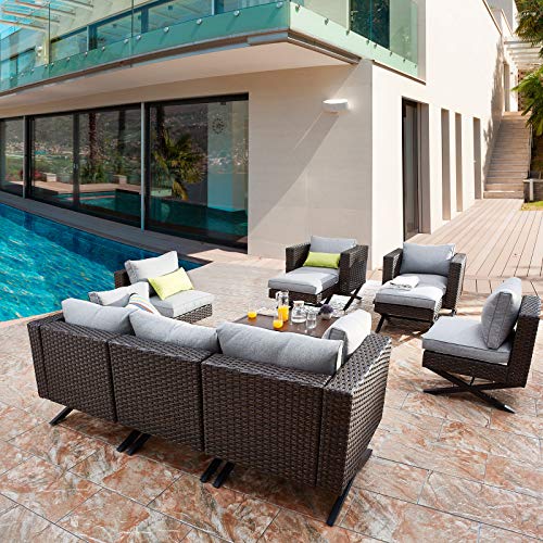 Festival Depot 10pcs Outdoor Furniture Patio Conversation Set Sectional Corner Sofa Chairs with X Shaped Metal Leg All Weather Brown Rattan Wicker Ottoman Coffee Table with Grey Seat Back Cushions