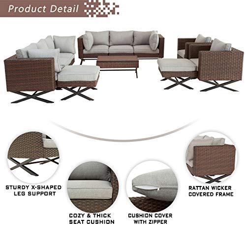 Festival Depot 11 pcs Outdoor Furniture Patio Conversation Set Sectional Corner Sofa Chairs with X Shaped Metal Leg All Weather Brown Rattan Wicker Rectangle Coffee Table with Grey Seat Back Cushions 