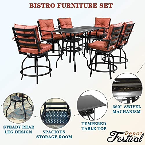 Outdoor Patio Bar Set with High Stool 360° Swivel Armrest Chairs with Soft&Comfort Cushions Square Tempered Glass Top Table