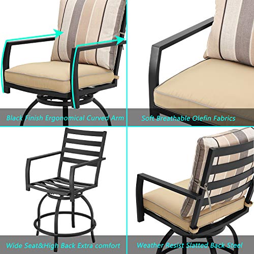 Festival Depot 5pcs Bar Bistro Outdoor Patio Furniture Set High Stool 360° Swivel Armrest Chairs with Comfort Cushion Square DPC Desktop Wood Grain Top Table Metal Steel Frame Leg All-Weather (Beige)