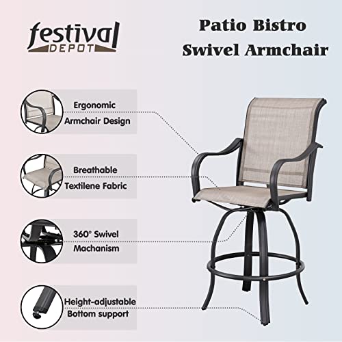 Festival Depot 8 Pcs Patio Dining Set Bar Height Stools Swivel Bistro Chairs with Armrest and Tempered Glass Top Table Metal Outdoor Furniture for Yard (6 Chairs,2 Table) (Taupe)