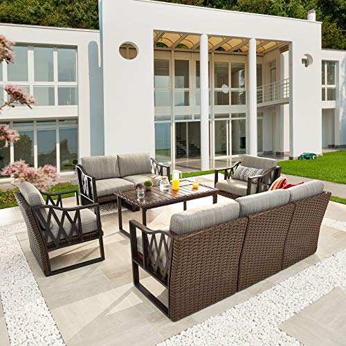 Festival Depot 8pcs Outdoor Furniture Patio Conversation Set Sectional Sofa Chairs All Weather Brown Wicker Ottoman Slatted Coffee Table with Thick Grey Seat Back Cushions, Black