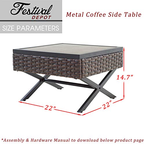 Festival Depot Metal Outdoor Side Coffee Table Patio Bistro Living Room Dining Table Wood Grain Top Wicker Rattan Furniture with X Shaped Steel Legs Brown Black