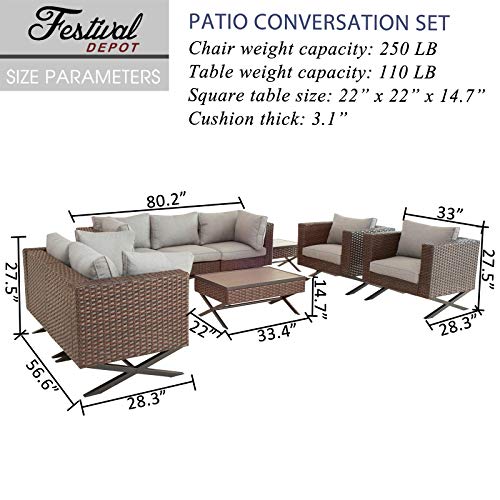 Festival Depot 9 pcs Outdoor Furniture Patio Conversation Set Sectional Corner Sofa Chairs with X Shaped Metal Leg All Weather Brown Rattan Wicker Square Side Coffee Table with Grey Seat Back Cushions 