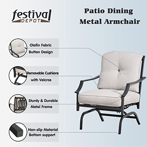 Festival Depot 2 of Outdoor Patio Bistro Armrest Chairs with Cushions Set Premium Fabric Metal Frame Furniture Set Garden Dining Seating Chair Thick & Soft Cushions