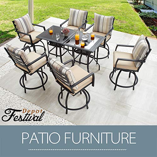 Outdoor Patio Bar Set with High Stool 360° Swivel Armrest Chairs with Soft&Comfort Cushions Square Tempered Glass Top Table