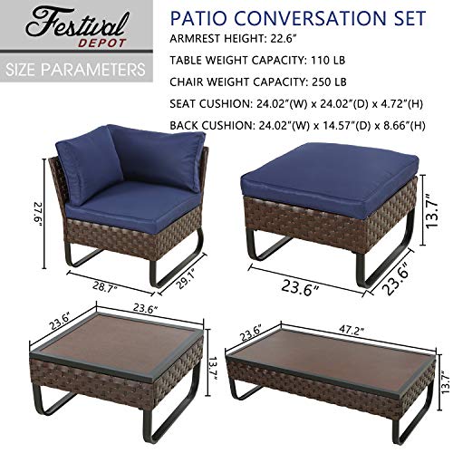 Festival Depot 12 Pcs Patio Conversation Sets Outdoor Furniture Sectional Corner Sofa with All-Weather PE Rattan Wicker Chair, Coffee Table and Thick Soft Removable Couch Cushions (Blue) 