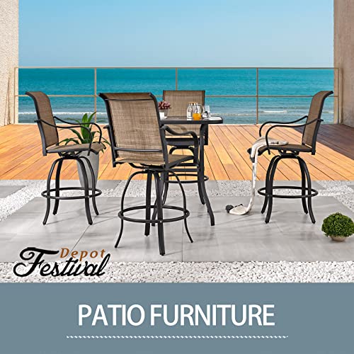 Festival Depot 5 pcs Bar Bistro Patio Outdoor Dining Furniture Sets High Stools 360° Swivel Chair with Slatted Steel Curved Armrest Coffee Table Tempered Glass Desktop (4 Chairs,1 Table)