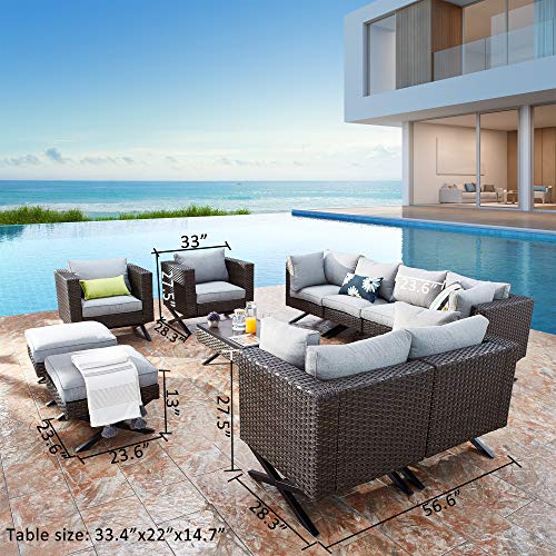 Festival Depot 11 pcs Outdoor Furniture Patio Conversation Set Sectional Corner Sofa Armchairs with X Shaped Metal Leg All Weather Brown Rattan Wicker Ottoman Coffee Table with Grey Seat Back Cushions 