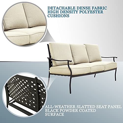 Festival Depot 6Pcs Outdoor Furniture Patio Conversation Set All Weather Black Metal Armchairs Loveseat with Seat and Back Cushions, 3-Seating Chair, Rectangle Coffee Table for Deck Lawn Garden