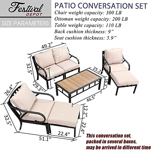 Festival Depot 7pcs Patio Conversation Set Sectional Metal Chairs with Cushions Ottoman and Coffee Table All Weather Outdoor Furniture for Garden Backyard Balcony, Beige 