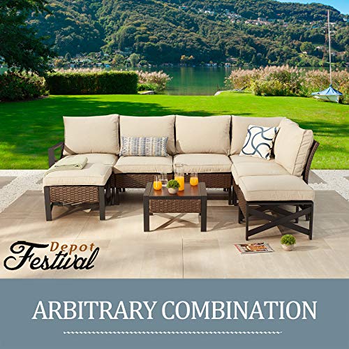 Festival Depot Patio Side Coffee Table Outdoor Bistro Dining Furniture with Wood Grain Tabletop, Wicker Rattan and X Shaped Slatted Steel Legs (Brown)