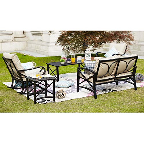 Festival Depot Outdoor Furniture Patio Conversation Set Metal Bistro Table Coffee Table Loveseat Armchairs with Seat and Back Cushions Without Pillows for Lawn Beach Backyard Pool