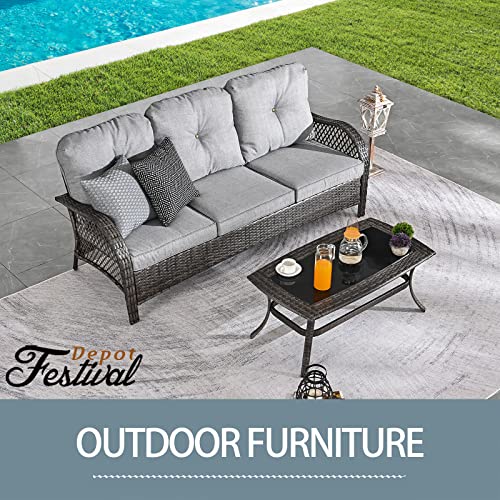 Festival Depot 2 Pieces Patio Bistro Set PE Wicker 3-Seat Sofa Set with Tempered Glass Top Side Table Outdoor Furniture Conversation Set (Brown Wicker, Grey Cushion) 