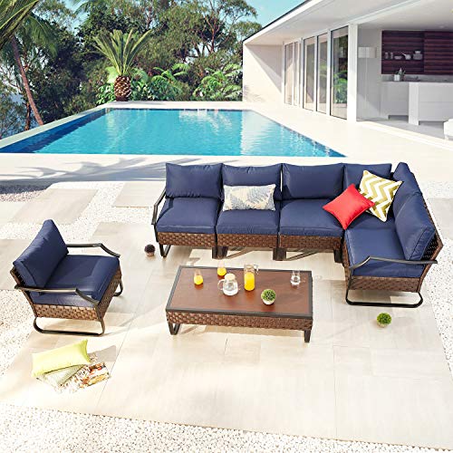 Festival Depot 7 Pieces Patio Conversation Sets Outdoor Furniture Sectional Corner Sofa with All-Weather PE Rattan Wicker Back Armchair, Coffee Table and Thick Soft Removable Couch Cushions (Blue) 