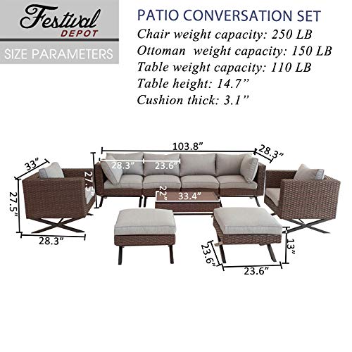 Festival Depot 9pcs Outdoor Furniture Patio Conversation Set Sectional Corner Sofa Chairs with X Shaped Metal Leg All Weather Brown Rattan Wicker Ottoman Coffee Table with Grey Seat Back Cushions 