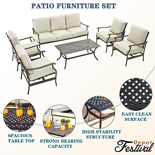 Festival Depot 6Pcs Outdoor Furniture Patio Conversation Set All Weather Black Metal Armchairs with Seat and Back Cushions, Rectangle Coffee Table for Deck Lawn Garden, Beige 