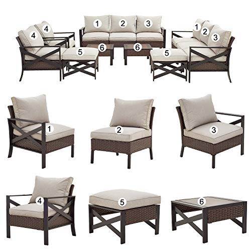 Festival Depot 12 Pcs Patio Outdoor Furniture Conversation Set Sectional Sofa with All-Weather Brown PE Rattan Wicker Back Chair, Ottoman, Coffee Table and Soft Thick Removable Couch Cushions 