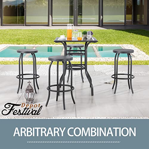 Sports Festival 5 Pcs Patio Bistro Height Set Outdoor Furniture, Backless Bar Stool Chair with Round Seat, Foot Pedals and Square Metal Frame Steel Tempered Glass Top Table for Deck Garden Lawn