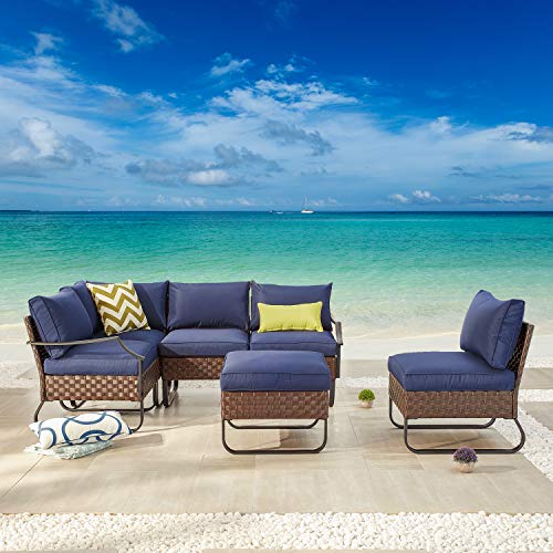 Festival Depot 6 Pieces Patio Outdoor Furniture Conversation Sets Sectional Corner Sofa, All-Weather PE Rattan Brown Wicker Back Chair with Ottoman and Thick Soft Removable Couch Cushions(Blue) 