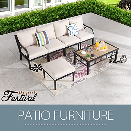 Festival Depot 6 Pieces Patio Conversation Set Sectional Chairs Ottoman with Cushions and Coffee Table All Weather Metal Outdoor Furniture for Deck Poolside, Beige 