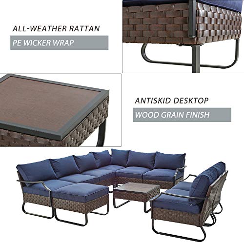 Festival Depot 10 Pieces Patio Conversation Sets Outdoor Furniture Sectional Corner Sofa with All-Weather PE Rattan Wicker Back Chair, Coffee Table Ottoman and Thick Soft Removable Couch Cushion(Blue) 