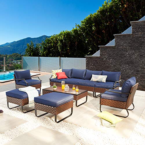 Festival Depot 9 Pcs Patio Conversation Sets Outdoor Furniture Sectional Sofa with All-Weather PE Rattan Wicker Chair,Loveseat Coffee Table and Thick Soft Removable Couch Cushions(Blue) 