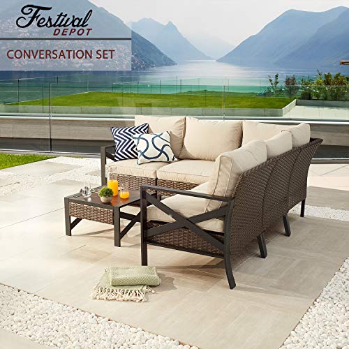 Festival Depot 6 Pcs Patio Outdoor Furniture Conversation Set Sectional Corner Sofa with All-Weather Brown Wicker Back Chair, Coffee Side Table, Ottoman and Soft Thick Removable Couch Cushion 