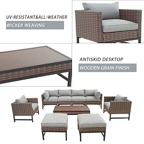 Festival Depot 9 Pieces Patio Conversation Set Outdoor Furniture Combination Sectional Sofa Loveseat All-Weather Wicker Metal Chairs with Seating Back Cushions Side Coffee Table, Gray 