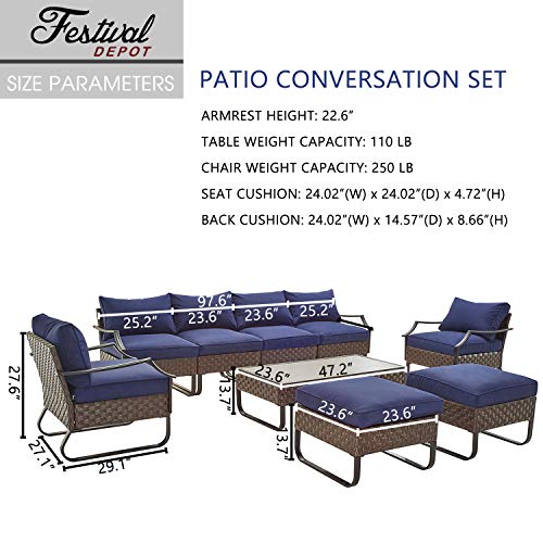 Festival Depot 9 Pcs Patio Conversation Sets Outdoor Furniture Sectional Sofa with All-Weather PE Rattan Wicker Chair,Loveseat Coffee Table and Thick Soft Removable Couch Cushions(Blue) 