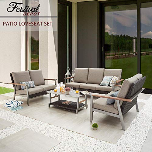 Festival Depot 4 Pcs Patio Conversation Set Wicker Chairs Loveseats with Thick Cushions and Coffee Table in Metal Frame Outdoor Furniture for Deck Garden 