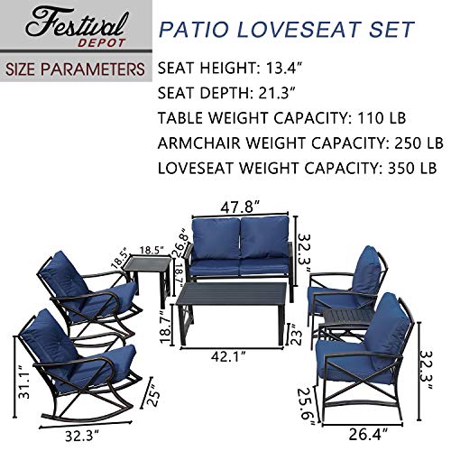 Festival Depot Outdoor Furniture Patio Conversation Set Metal Bistro Table Coffee Table Loveseat Armchairs with Seat and Back Cushions Without Pillows for Lawn Beach Backyard Pool