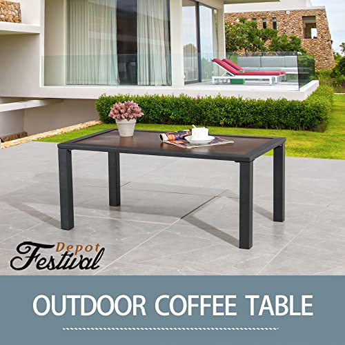 Stylish All-Weather Patio Coffee Table with Wood-Like Metal Frame