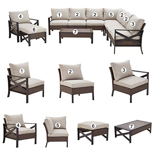 Festival Depot 10 Pcs Patio Outdoor Furniture Conversation Set Sectional Corner Sofa with All-Weather Brown PE Rattan Wicker Chair, Ottoman, Coffee Side Table and Thick Removable Couch Cushions 