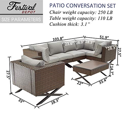 Festival Depot 7pcs Outdoor Furniture Patio Conversation Set Sectional Corner Sofa Chairs with X Shaped Metal Leg All Weather Brown Rattan Wicker Rectangle Coffee Table with Grey Seat Back Cushions