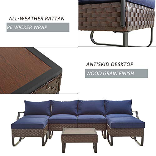 Festival Depot 7 Pieces Patio Conversation Sets Outdoor Furniture Sectional Sofa, All-Weather PE Rattan Brown Wicker Back Chair with Coffee Table, Ottoman and Thick Soft Removable Couch Cushions(Blue) 