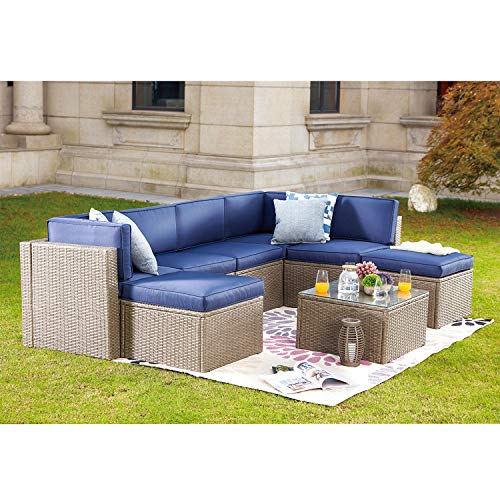 Festival Depot 8pcs Patio Furniture Set Outdoor Sectional PE Wicker Sofa Set Rattan Conversation Set with Coffee Table Ottoman and Washable Seat Cushions Blue and Grey