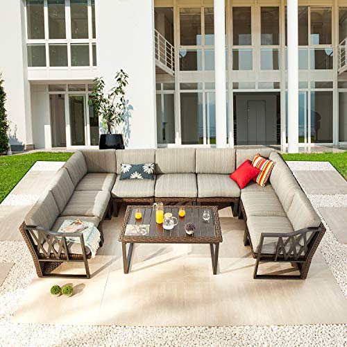 Festival Depot 10Pc Outdoor Furniture Patio Conversation Set Sectional Corner Sofa Chairs All Weather Wicker Metal Frame Slatted Coffee Table with Thick Grey Seat Back Cushions Without Pillows 