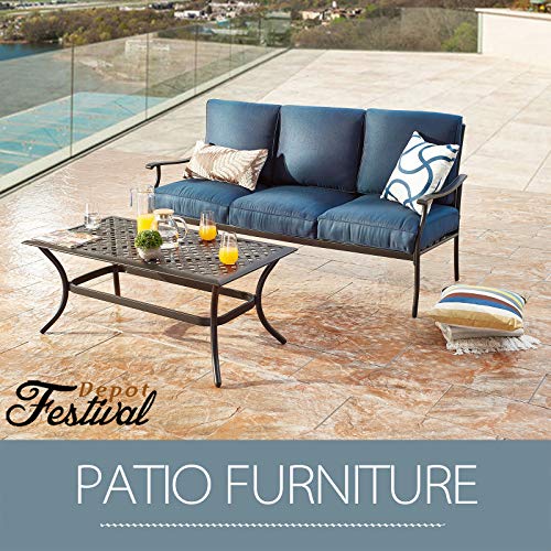 Festival Depot 2 pc Conversation Set Patio Outdoor 3-Seater Sofa Set with Coffee Table Fabric Metal Frame Furniture Garden Bistro Seating Thick Soft Cushions (Beige) 