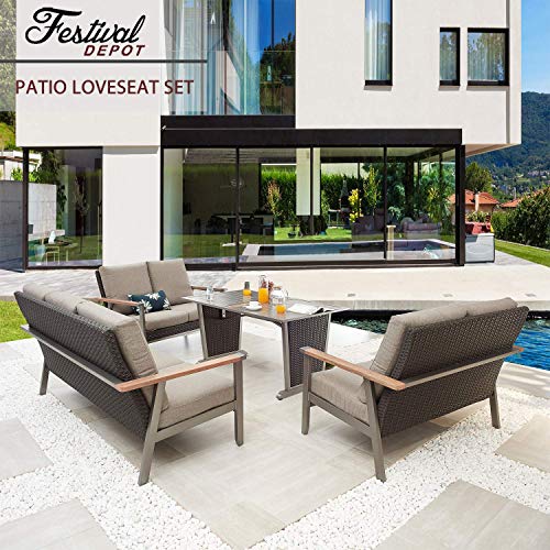 Festival Depot 4 Pieces Patio Conversation Set Metal Loveseats Wicker Back 3-Seater Sofa with Thick Cushions and Coffee Table Outdoor Furniture for Deck Garden (4pc Patio Loveseat Set 2) 