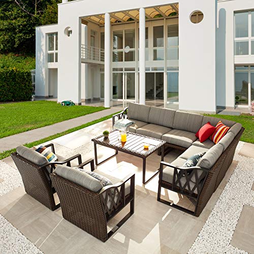 Festival Depot 9pcs Outdoor Furniture Patio Conversation Set Sectional Sofa Chairs All Weather Brown Rattan Wicker Slatted Coffee Table with Grey Thick Seat Back Cushions, Black