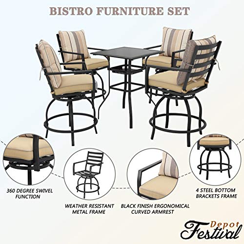 Outdoor Patio Bar Set with High Stool 360° Swivel Armrest Chairs with Soft&Comfort Cushions Square Tempered Glass Top Table