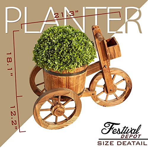 Festival Depot Outdoor Wooden Wagon Tricycle Planter Flower Pot Holder with Bucket Wheels Garden Decorative Barrel Stand for Patio Deck Lawn 